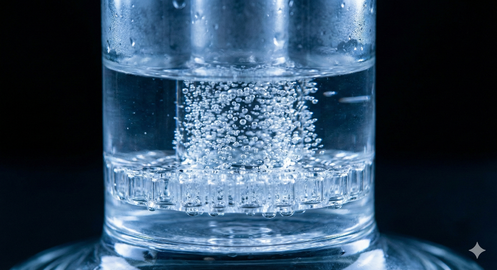 Close-up of a percolator firing inside a glass bong with bubbles
