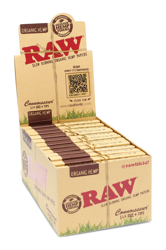 RAW Organic Hemp Connoisseur 1¼ + Tips – 24-Count Display - Discreet Smoker