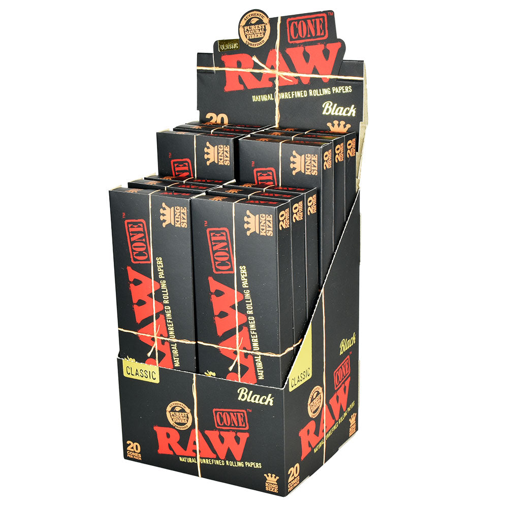 12PC DISP - RAW Black Pre-Rolled Cones - 20pk/King Size - Discreet Smoker