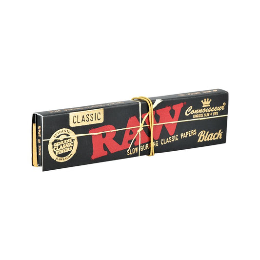 24CT DISPLAY - RAW Black Connoisseur Rolling Papers + Tips - Classic / 32pc / King Size Slim - Discreet Smoker