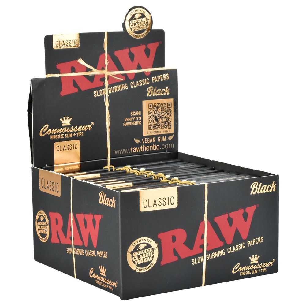 24CT DISPLAY - RAW Black Connoisseur Rolling Papers + Tips - Classic / 32pc / King Size Slim - Discreet Smoker