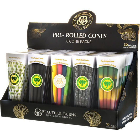 Beautiful Burns Designer Pre-Rolled Cones | Assorted Designs | 8pc | 30pk Display - Discreet Smoker