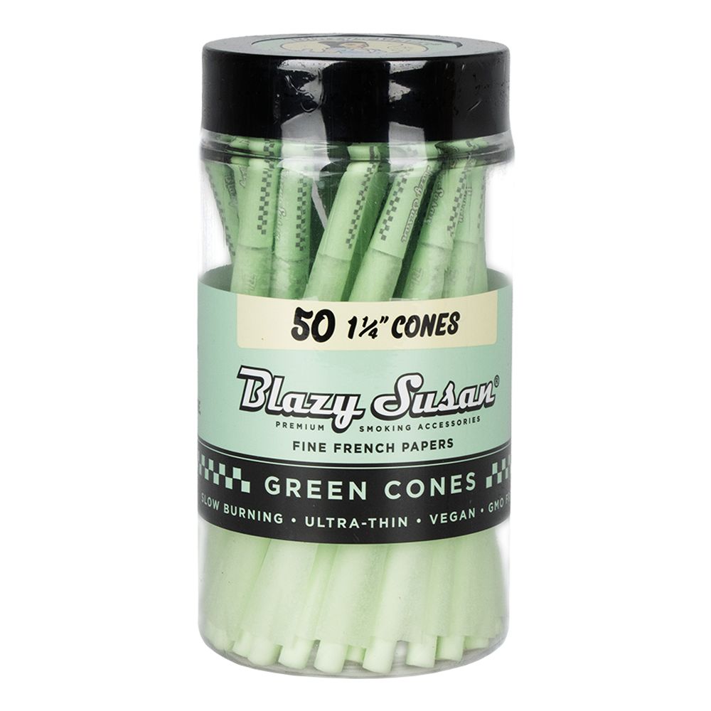 50CT JAR - Blazy Susan Green Pre-Rolled Cones - 1 1/4" - Discreet Smoker