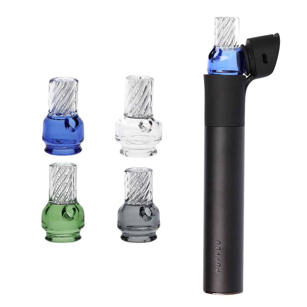 Pulsar Vortex Glass Mouthpiece Attachement for Puffco Pivot w/ Display Stand - Colors Vary - Discreet Smoker