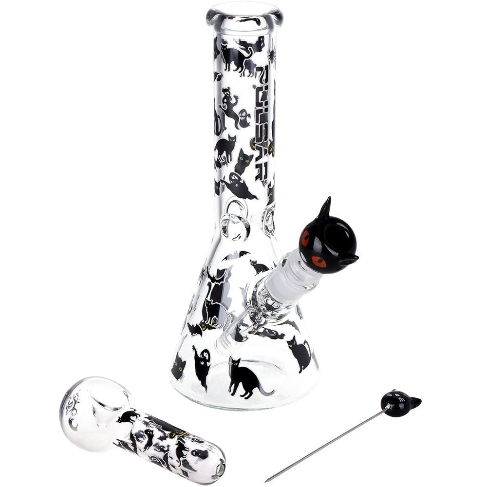 Pulsar Superstitious Kitty GLOW Glass Herb Pipe Duo - 9.75" / 14mm F - Discreet Smoker