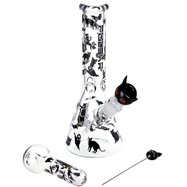 Pulsar Superstitious Kitty GLOW Glass Herb Pipe Duo - 9.75" / 14mm F - Discreet Smoker