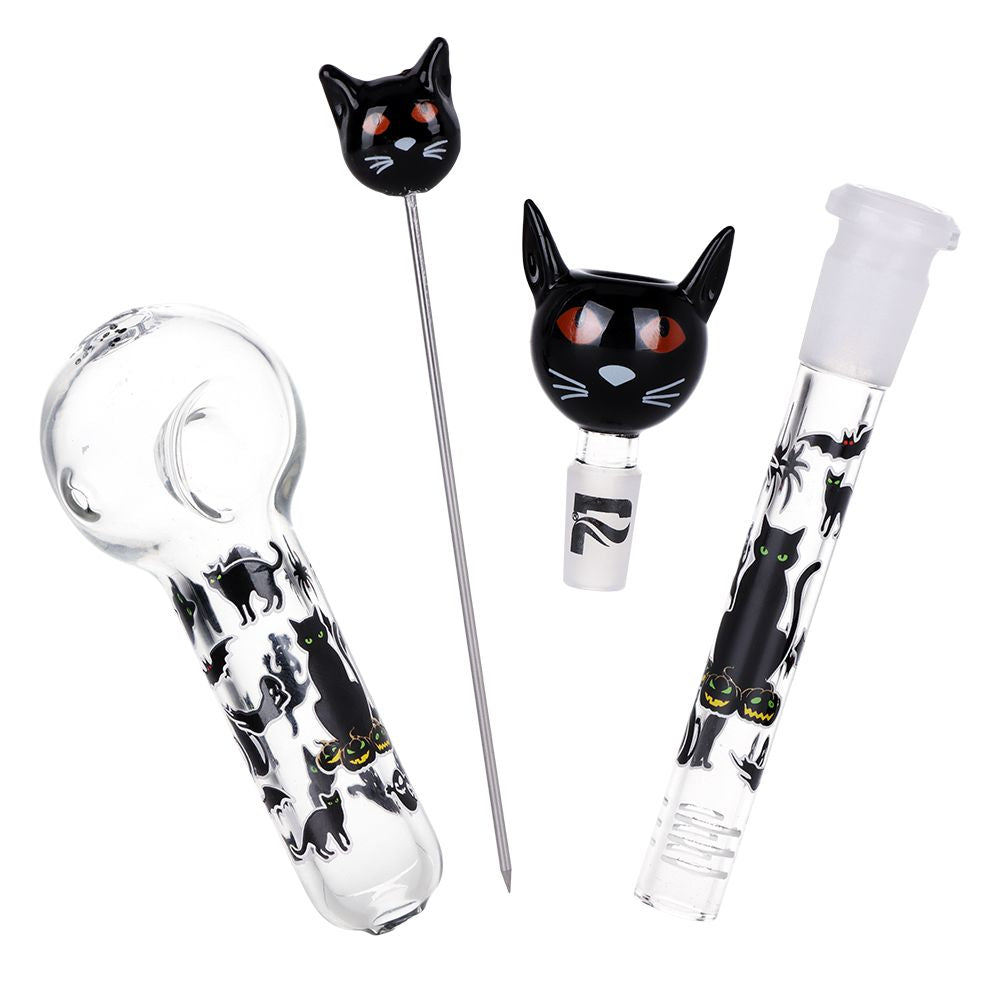 Pulsar Superstitious Kitty GLOW Glass Herb Pipe Duo - 9.75" / 14mm F - Discreet Smoker
