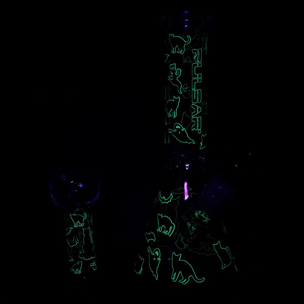 Pulsar Superstitious Kitty GLOW Glass Herb Pipe Duo - 9.75" / 14mm F - Discreet Smoker