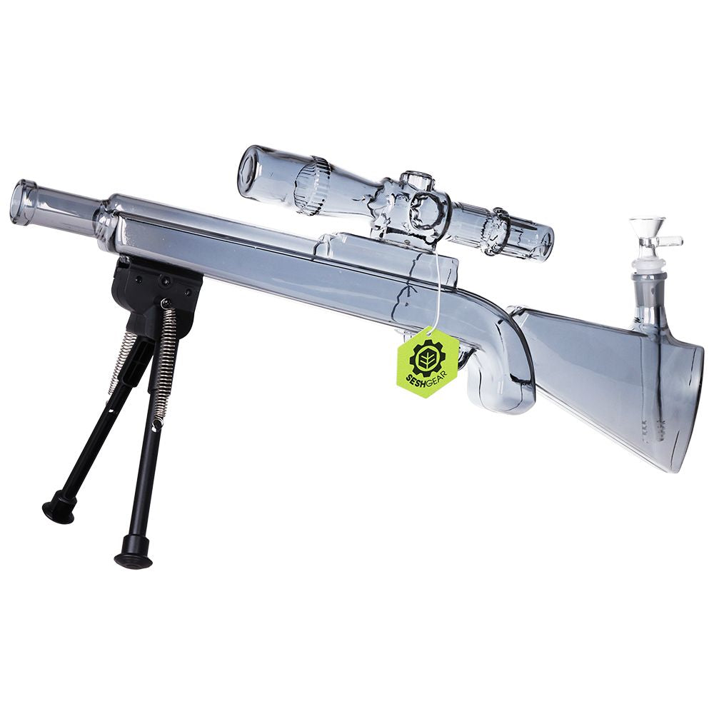 SeshGear Sniper Rifle Electroplated Glass Water Pipe w/ Stand - 19.75" / 14mm F / Clear, Smoke, Rainbow - Discreet Smoker