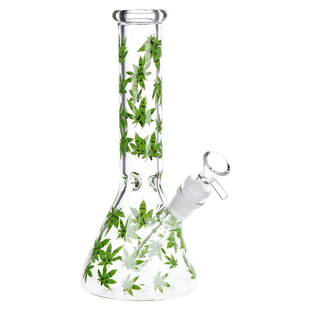 SeshGear Green Leaf Beaker Glass Water Pipe - 9.75" / 14mm F