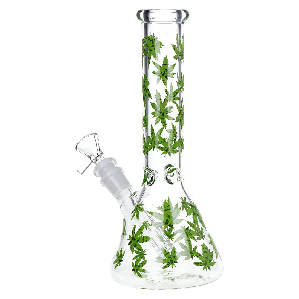 SeshGear Green Leaf Beaker Glass Water Pipe - 9.75" / 14mm F - Discreet Smoker