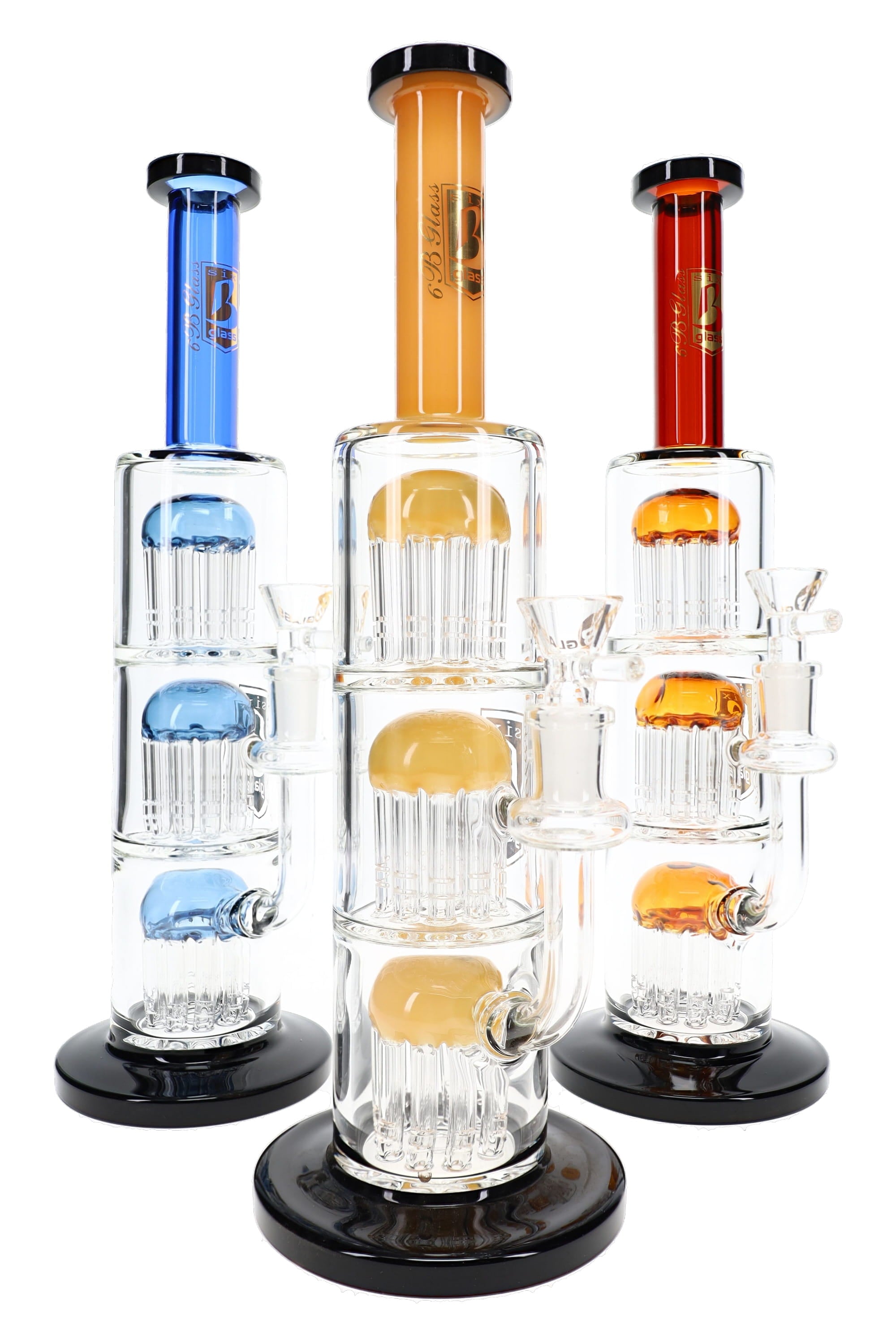 6B Glass Triple Tree Stemless Glass Bong – 12½″ – Assorted Colors - Discreet Smoker