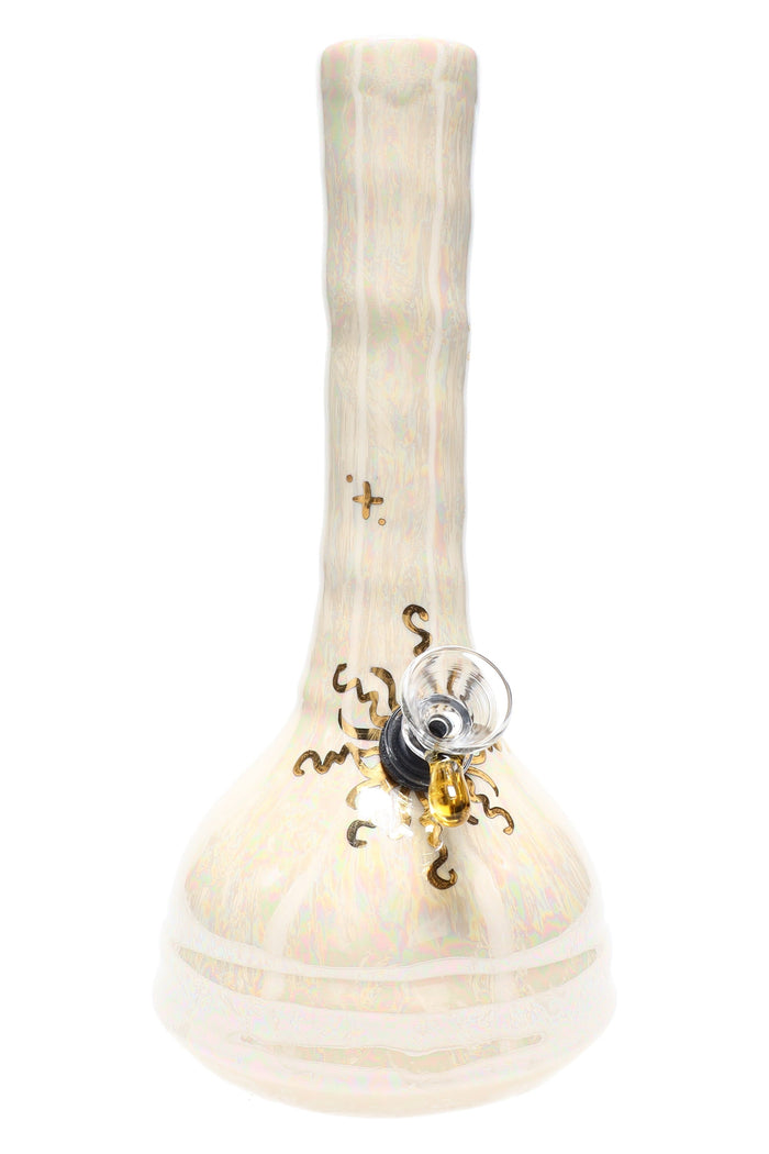 Ancient Creations 9″ Gold Sunburst Ceramic Beaker Bong, White with Mother of Pearl