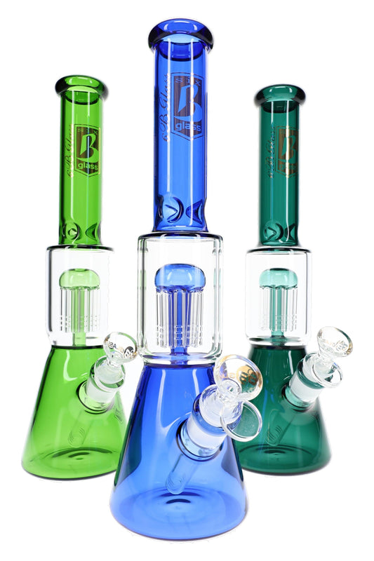 6B Glass 8-Arm Tree Perc Beaker Bong – 18.8 mm Female – 13.5″ – Assorted Colors - Discreet Smoker