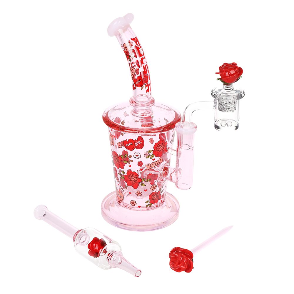 Pulsar Valentine's Rose Glass Dab Rig Set - 8.25" / 14mm F - Discreet Smoker