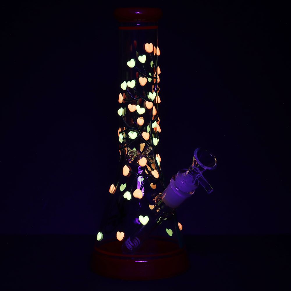 Pulsar Branching Hearts Glow in Dark Beaker Glass Water Pipe - 10" / 14mm F - Discreet Smoker