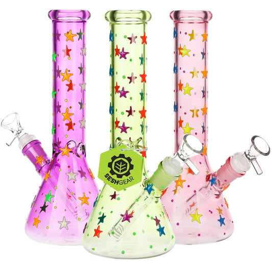 3CT BUNDLE - SeshGear Shining Star Beaker Glass Water Pipe - 10" / 14mm F / Assorted Colors - Discreet Smoker