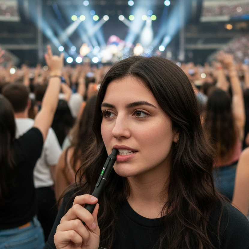 Woman at a concert holding a microphone with a crowd in the background