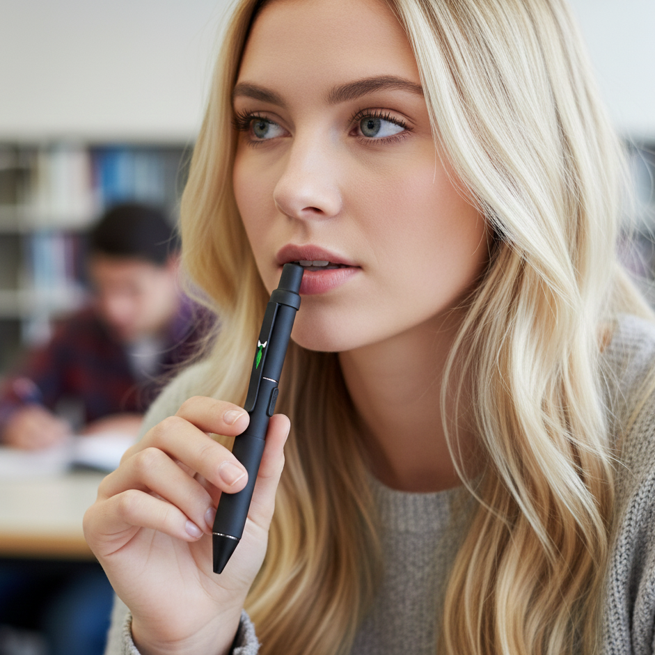 Woman holding a black pen in a library setting
