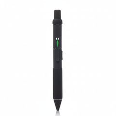 Black pen with a green logo on a white background
