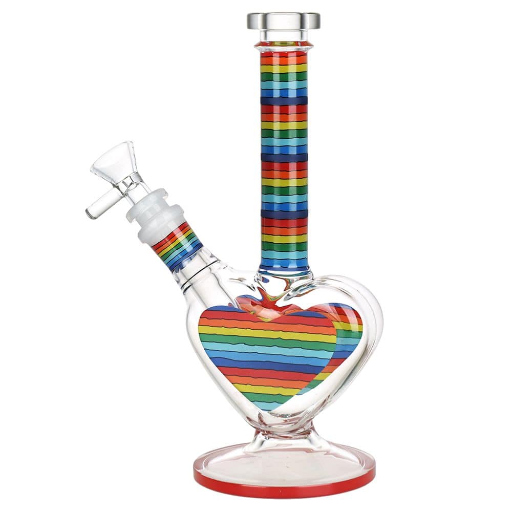 Rainbow Striped Heart Glass Water Pipe - 8.5" / 14mm F - Discreet Smoker