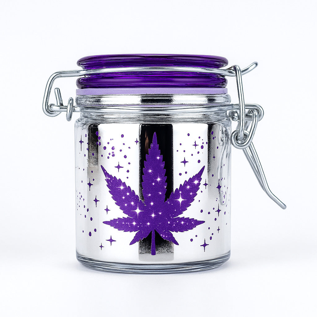 AIRTIGHT GLASS METALLIC SILVER/PURPLE LEAF GALAXY STORAGE JAR - Discreet Smoker