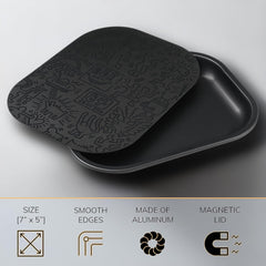 Black Rolling Tray Set with Magnetic Lid 7"X5" - Smoking Accessories by