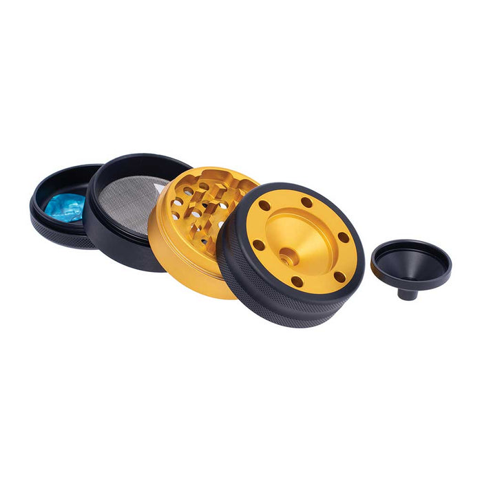 ALUMINIUM GRINDER W/ CONE HOLDER & FUNNEL, Yellow