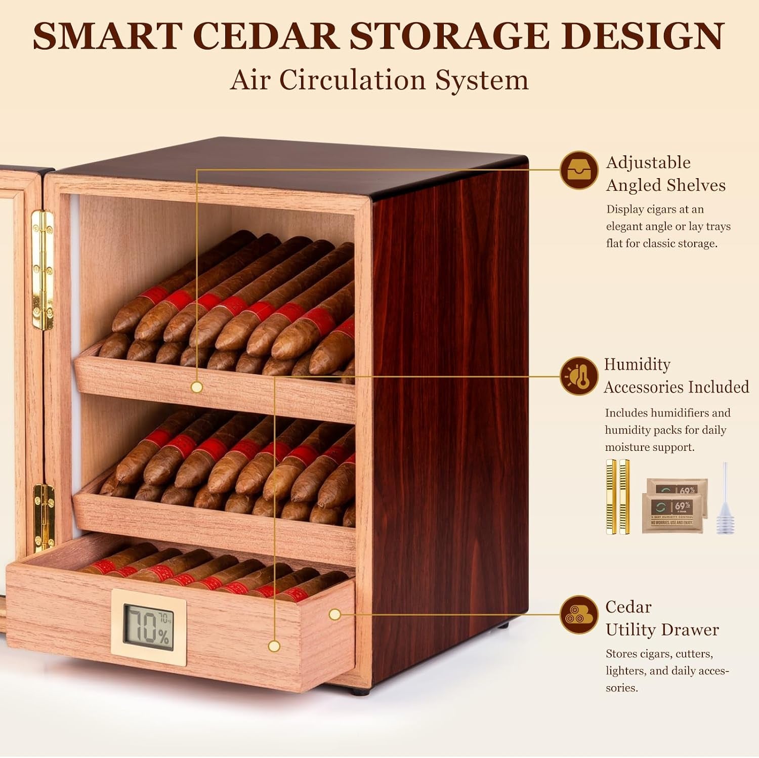 60-100 Count Cigar Humidor Cabinet with LED and Digital Hygrometer