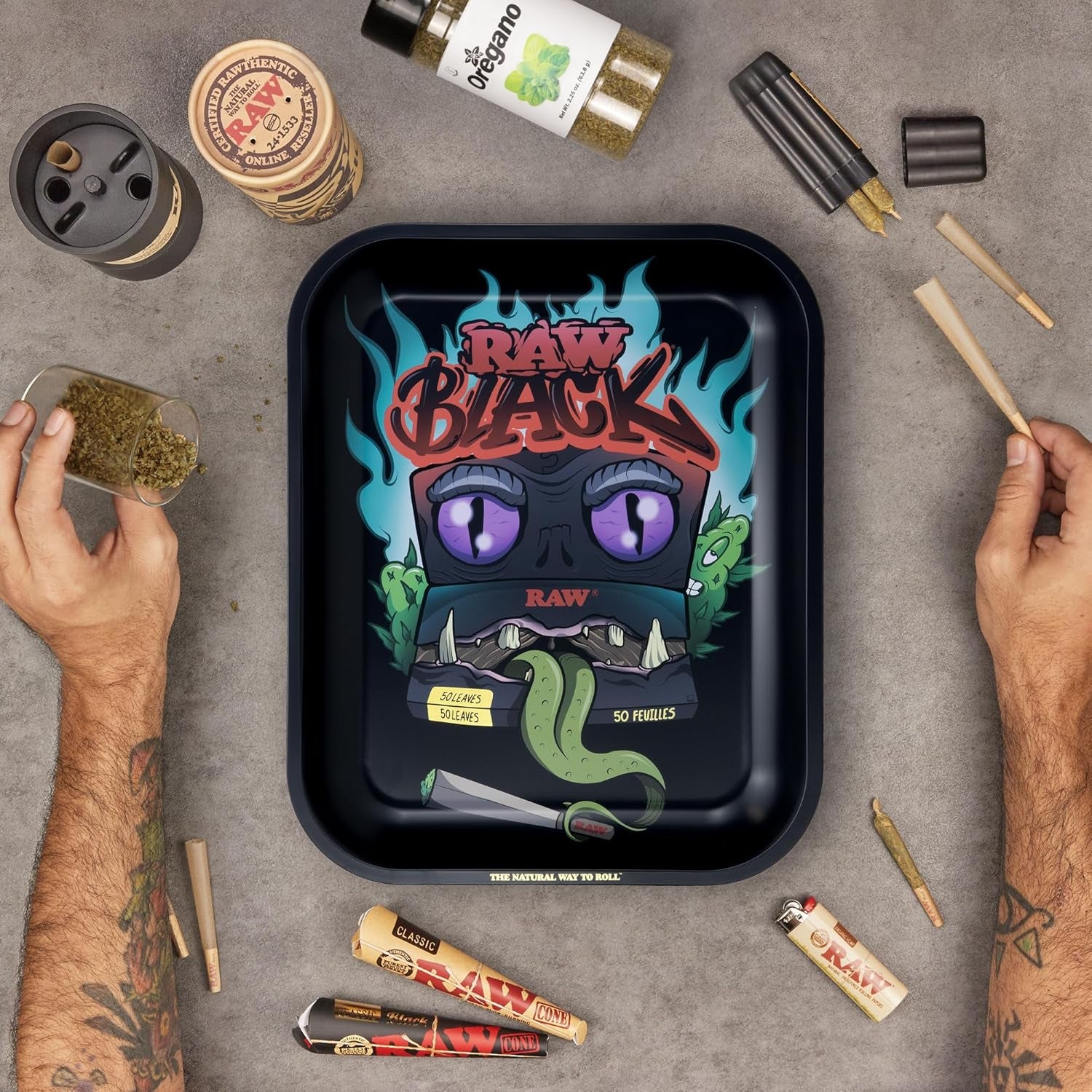 RAW Black Rolling Tray - Limited Edition Monster Design for Pre-Rolled Cones, Wrap Papers, and Accessories - Large - 14 X 11 Inches