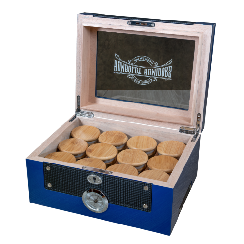 Glass Top Cobalt Blue Humboldt Humidor - Discreet Smoker
