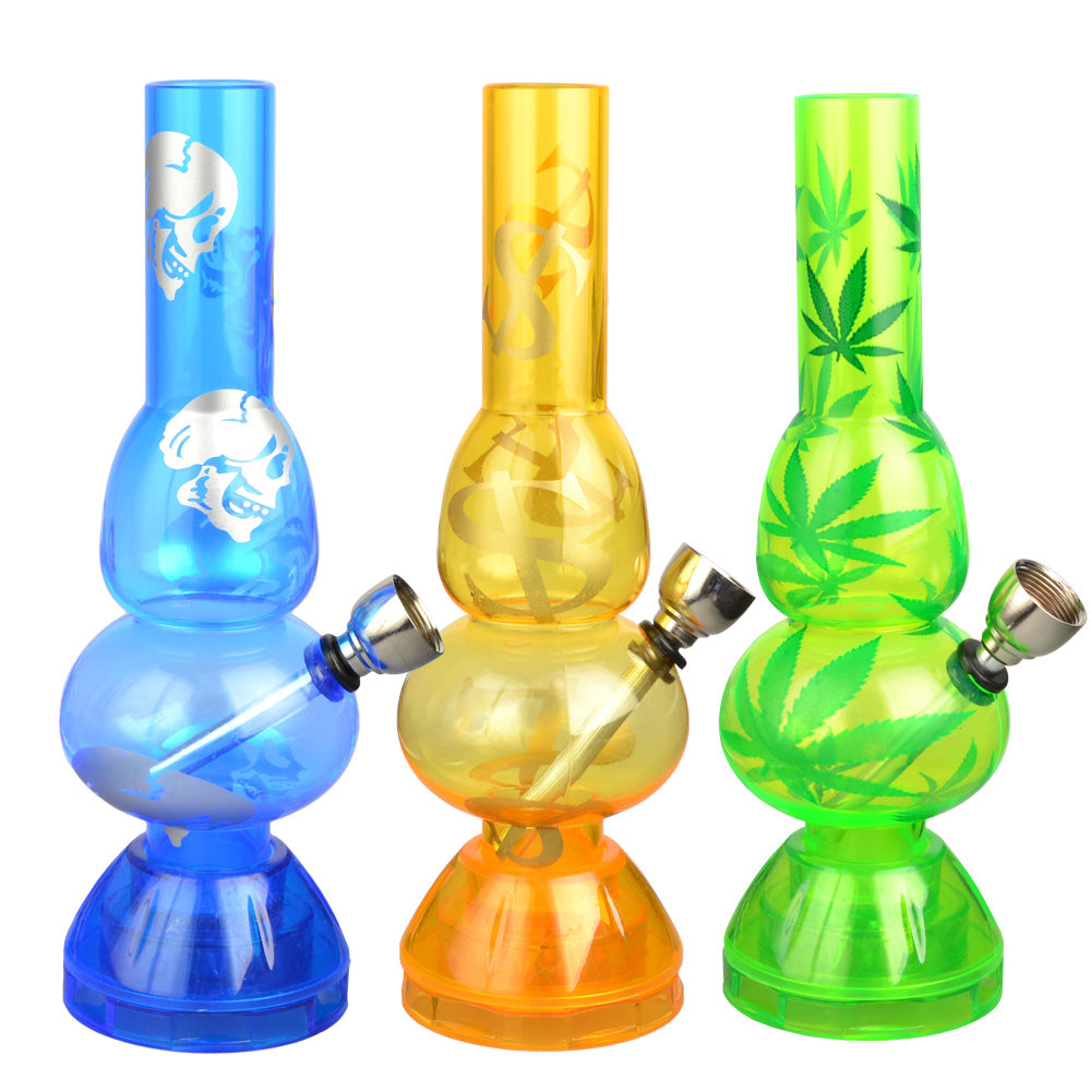 Mini Acrylic 2 Bubble Water Pipe w/ Built in Grinder Base - 6.75" / Assorted Designs - Discreet Smoker