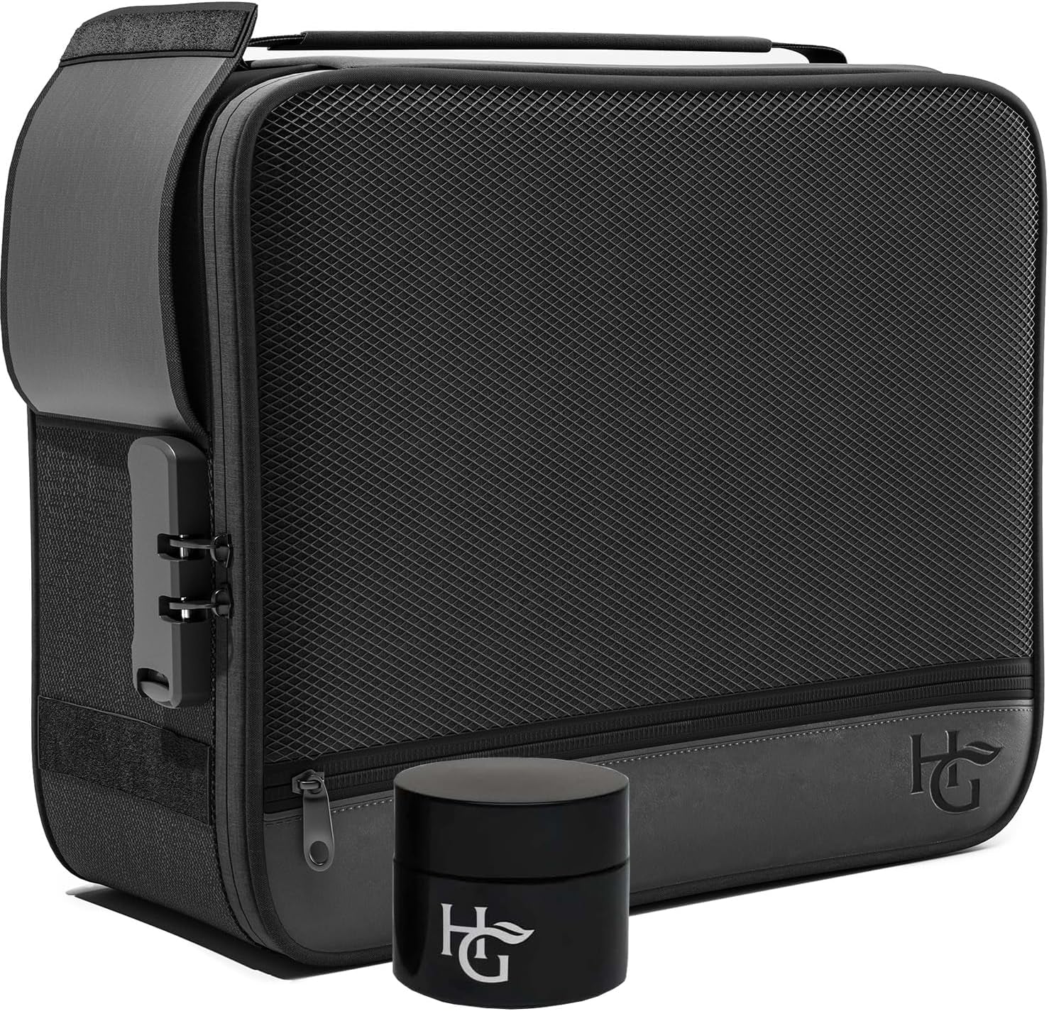 Herb Guard Large Smell Proof Bag & Case with Combination Lock (Holds up to 3 Ounces) - Includes YKK Zippers, 50Ml Smell Proof Container and Jar, Built in Tray & Travel Bags (Black)