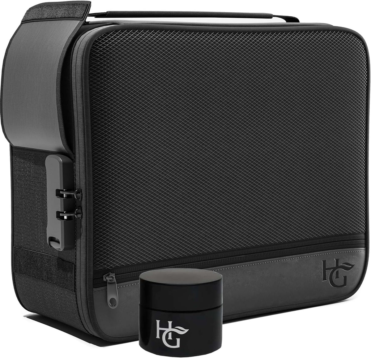 Herb Guard Large Smell Proof Bag & Case with Combination Lock (Holds up to 3 Ounces) - Includes YKK Zippers, 50Ml Smell Proof Container and Jar, Built in Tray & Travel Bags (Black)