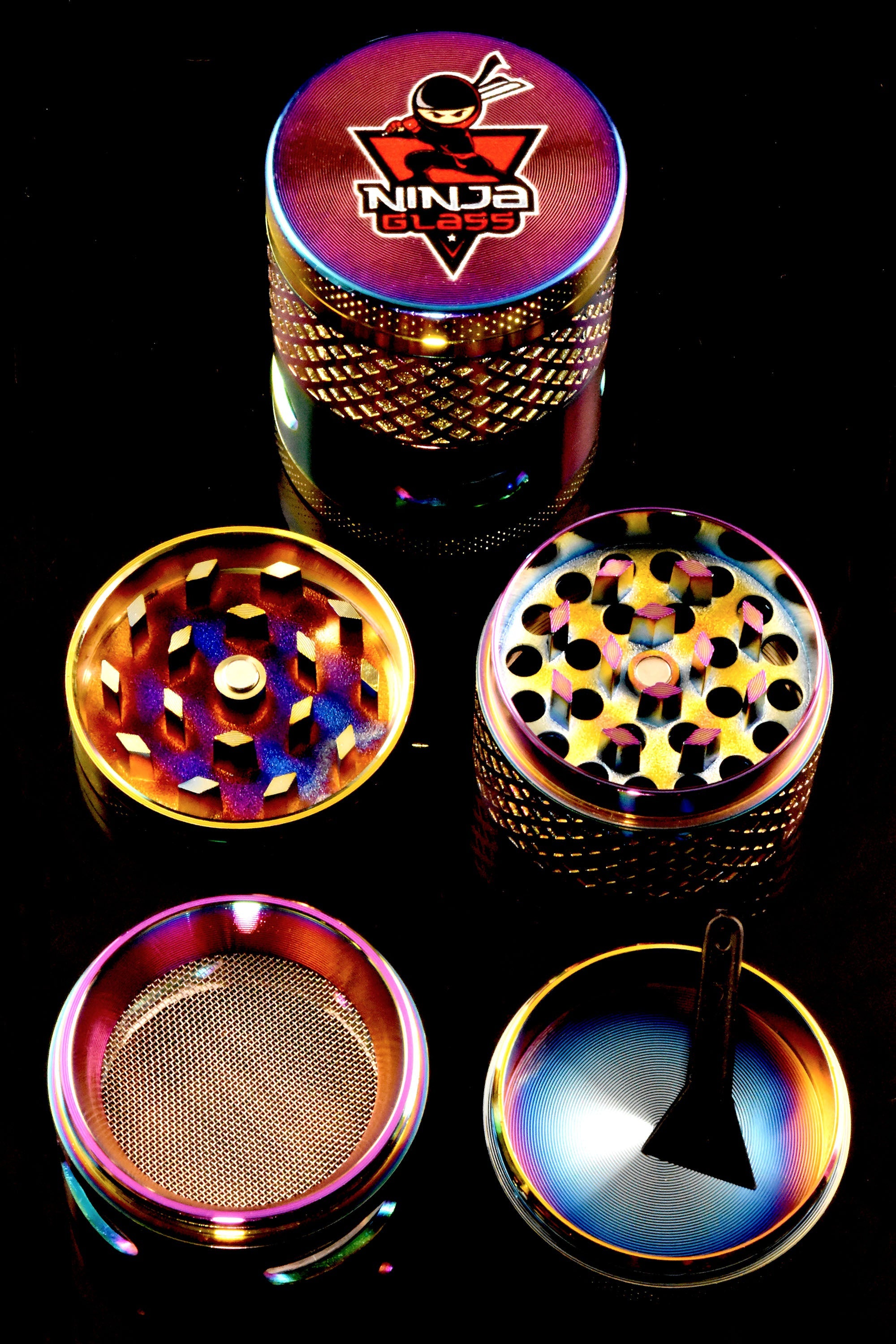 Ninja Glass Rainbow 4-Part Metal Herb Grinder – Windowed – 1½″ - Discreet Smoker