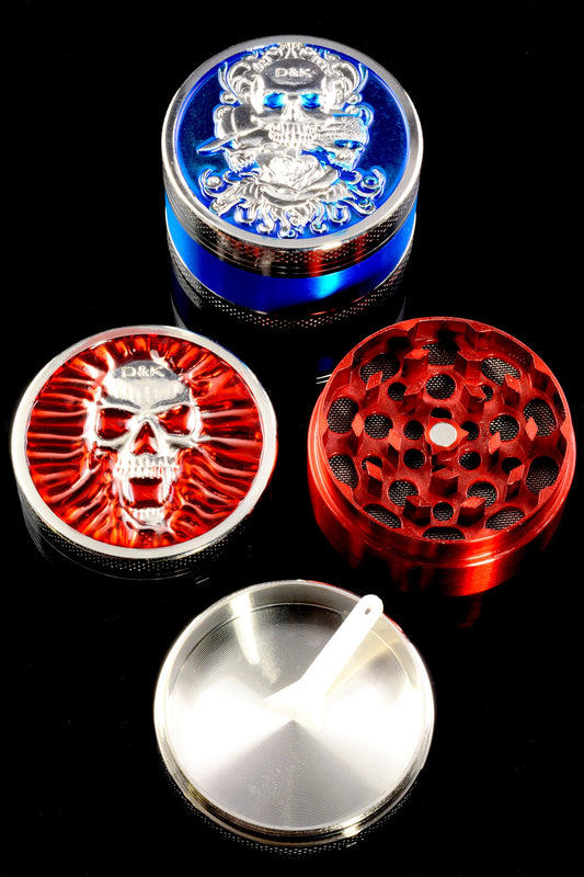 Colored 3-Part Metal Herb Grinder – Skull Lid – 2″ – Assorted - Discreet Smoker