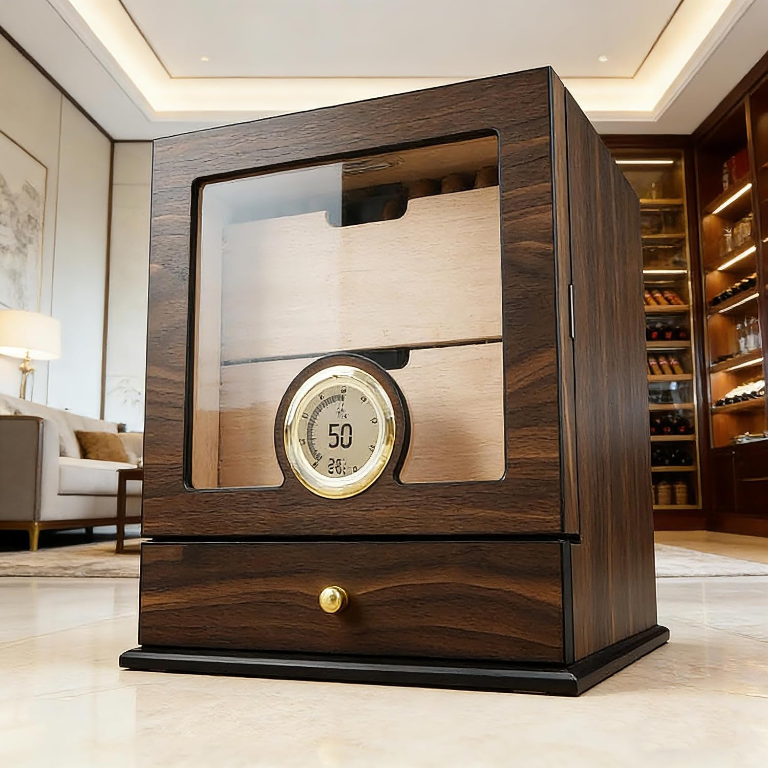 Cedar Wood Cigar Humidor Cabinet 80-100 Cigars Capacity, Desktop Cigar Storage with Digital Hygrometer, Humidifiers and Drawers, Perfect Men'S Gift for Christmas Father'S Day