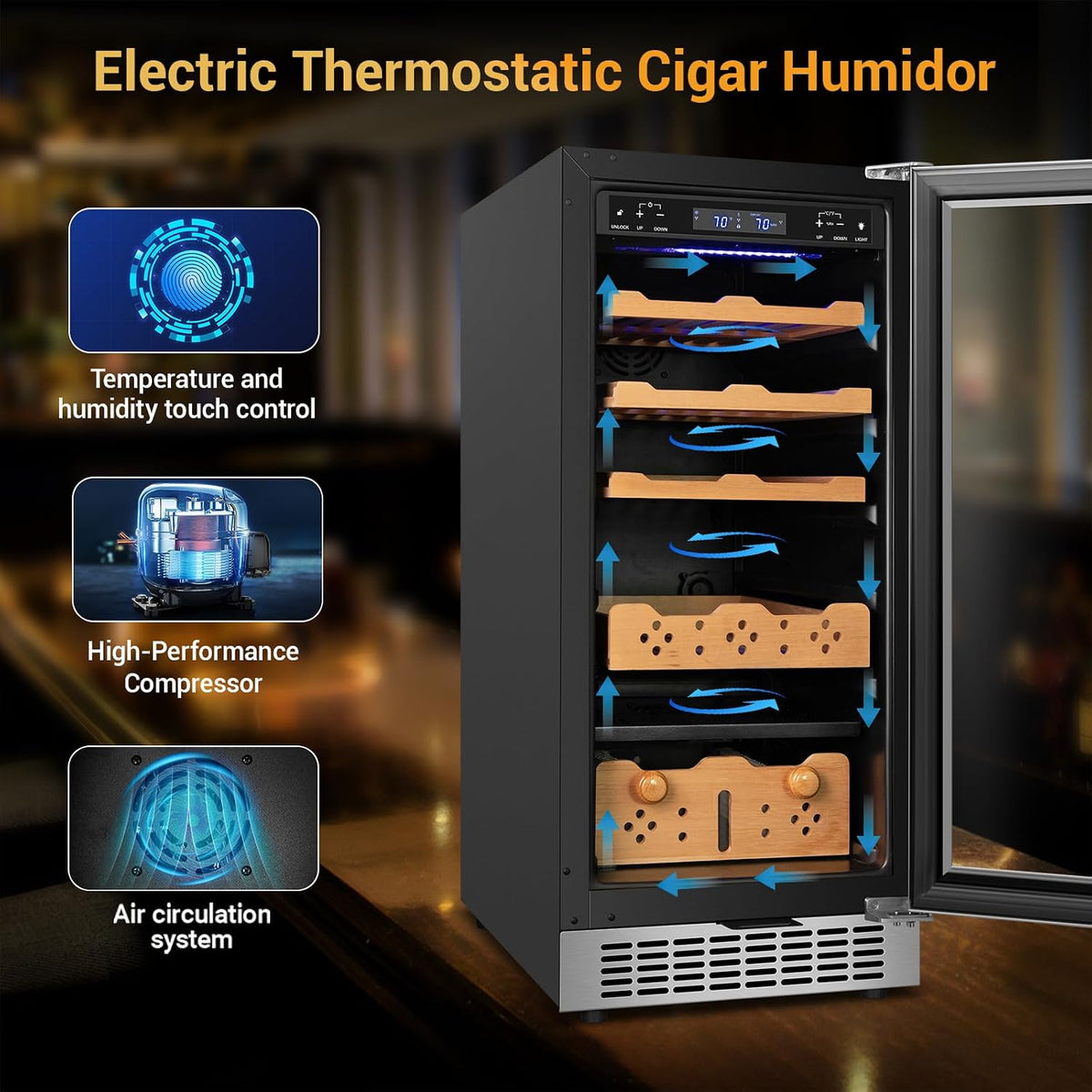 Electric Cigar Humidor, 15 Inch Upgraded Large Capacity Humidor Cabinet with Powerful Compressor, Digital LED Screen, Safety Lock, Smart Humidity & Temp Control, Gifts for Men