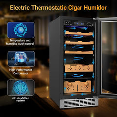 Electric Cigar Humidor, 15 Inch Upgraded Large Capacity Humidor Cabinet with Powerful Compressor, Digital LED Screen, Safety Lock, Smart Humidity & Temp Control, Gifts for Men