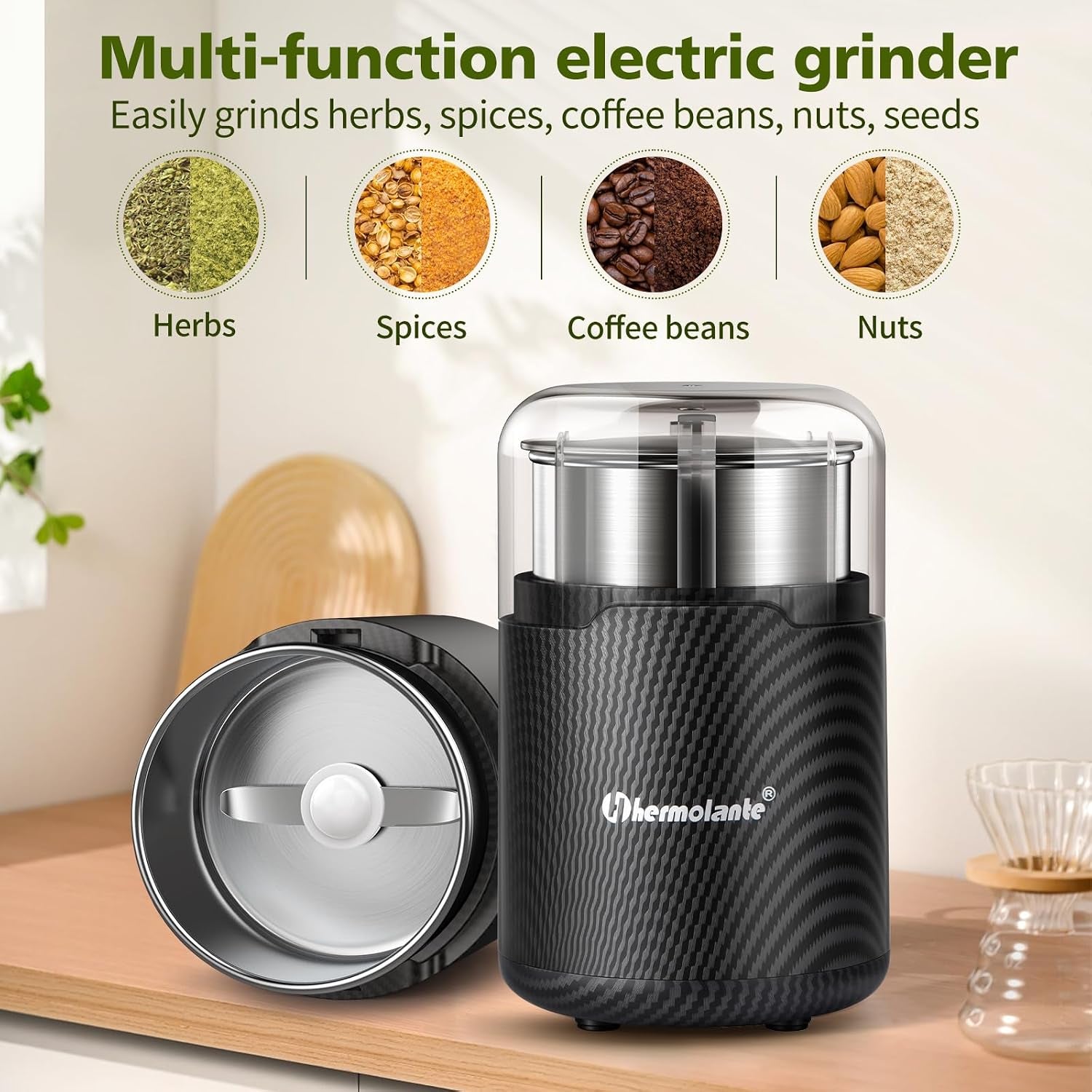 Hermolante Herb Grinder, Electric Spice Grinder, Press-Down Lid Starts