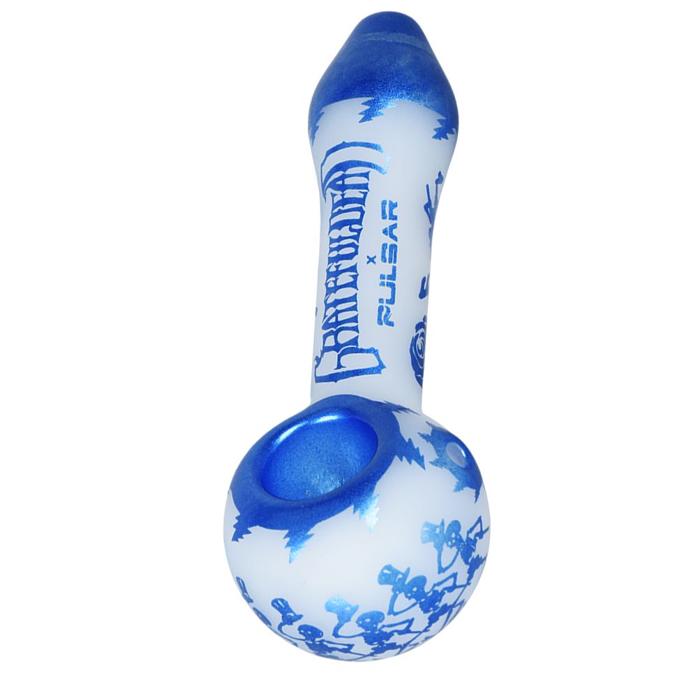 Grateful Dead x Pulsar Blue Sky Dancing Skellies Glass Spoon Pipe - 4.75" - Discreet Smoker