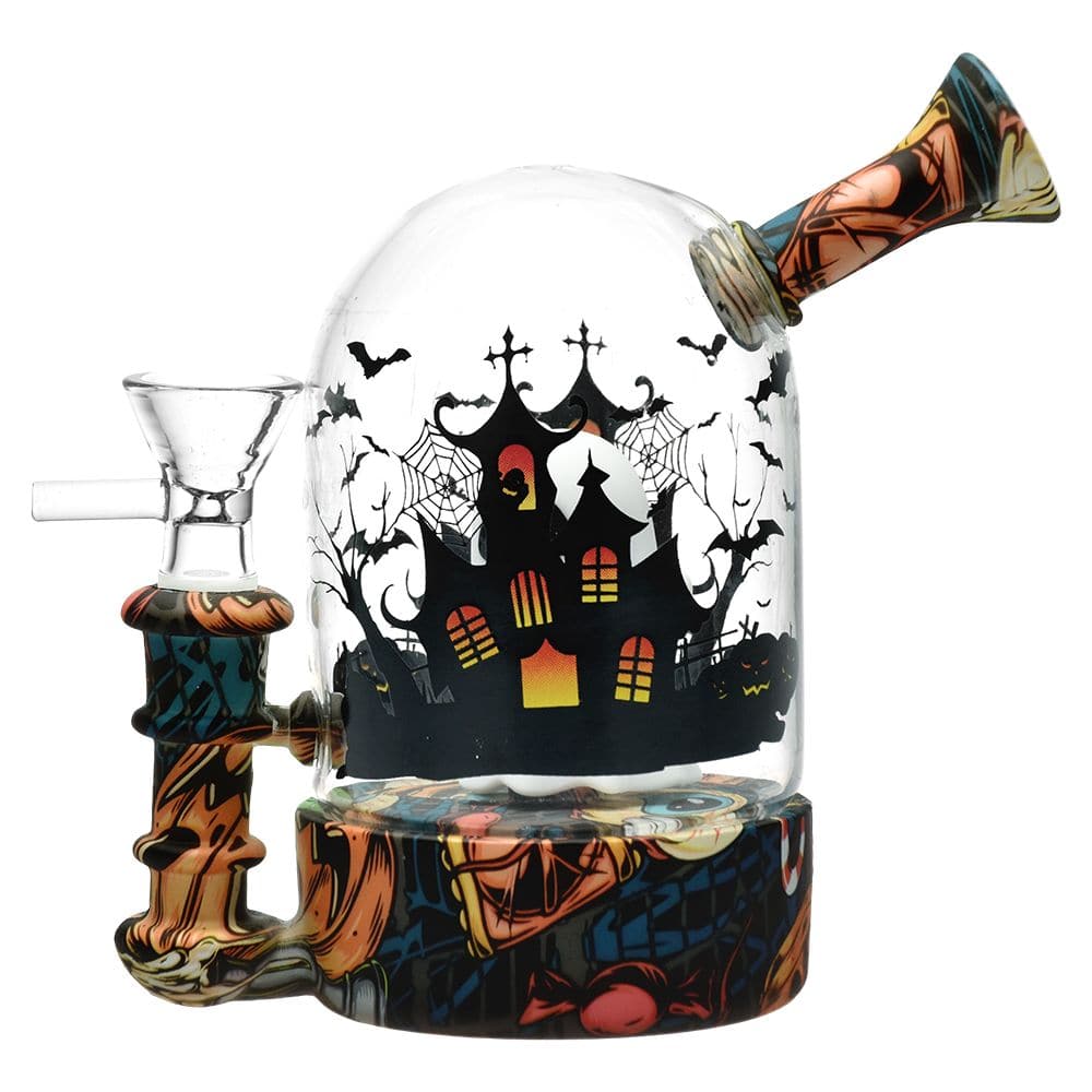 Haunted House Bell Jar Silicone & Glass Water Pipe - 4.5" / 14mm F / Designs Vary - Discreet Smoker