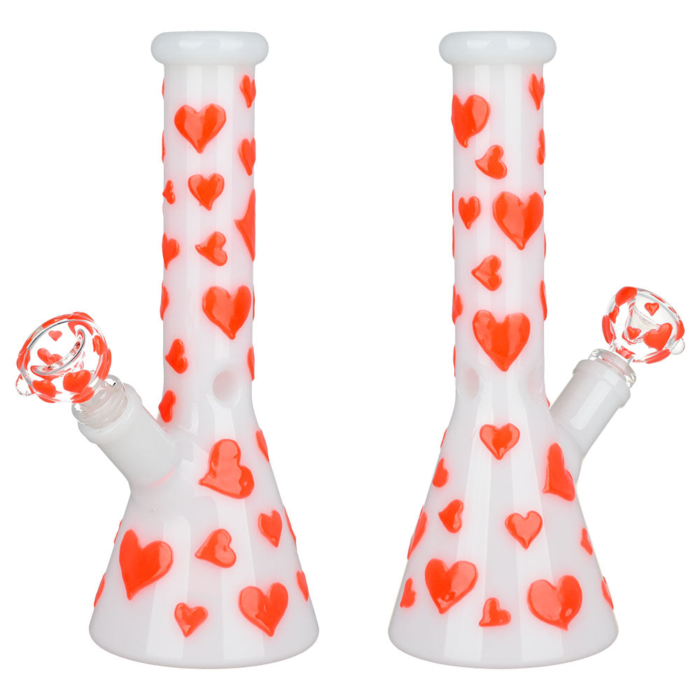 Valentines Day Heart Glow In The Dark Beaker Water Pipe - 10" / 14mm F - Discreet Smoker