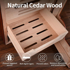 Cigar Humidor Cabinet, Cedar Wood Desktop Cigar Case with Digital Hygrometer, 4-Tier Compartments and Accessories Drawer, Holds 100-150 Cigars, Gifts for Men, Dad & Father