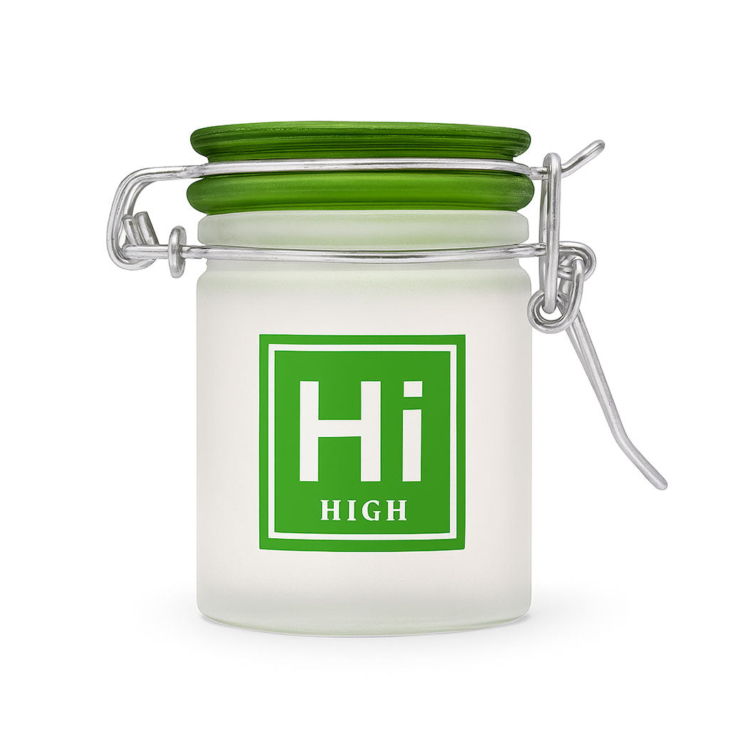 FROSTED GLASS "HI" PERIODIC SYMBOL STASH JAR - Discreet Smoker