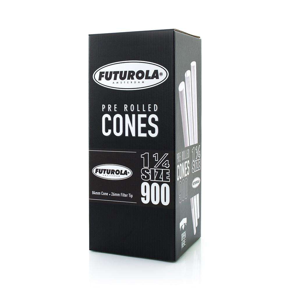 Futurola Paper Cones – 1 ¼ Size - 900pc - Branded Tip - White - Discreet Smoker