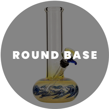 Swirled blue and yellow glass bong with a rounded water chamber, easy to use and clean.