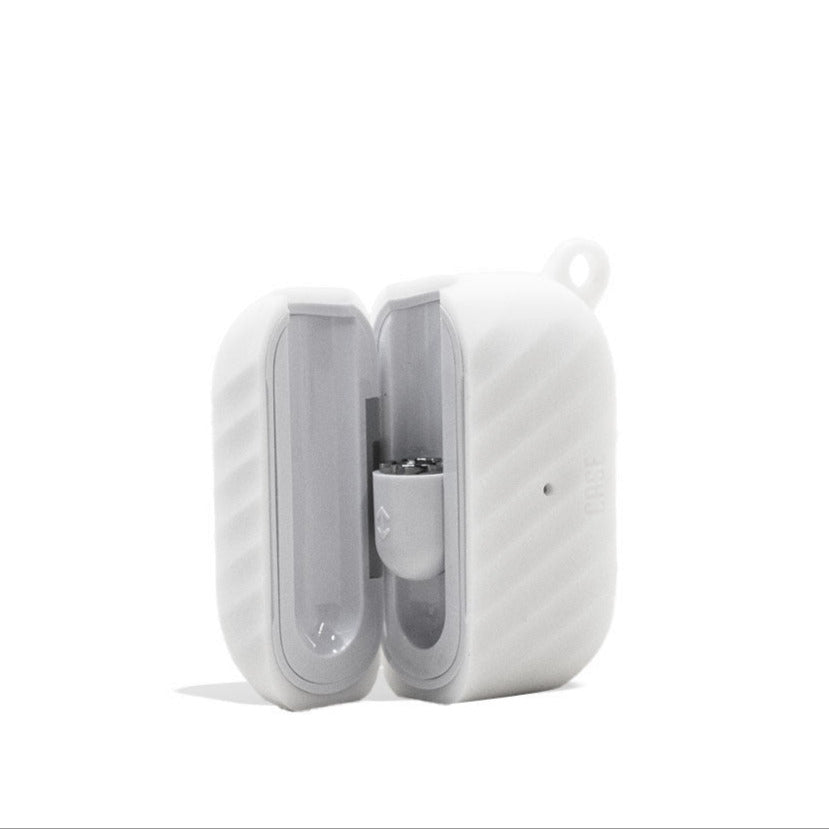 Yocan Black Case Cartridge Battery with a white exterior, closed and open views showing the interior compartment and the battery level indicator.