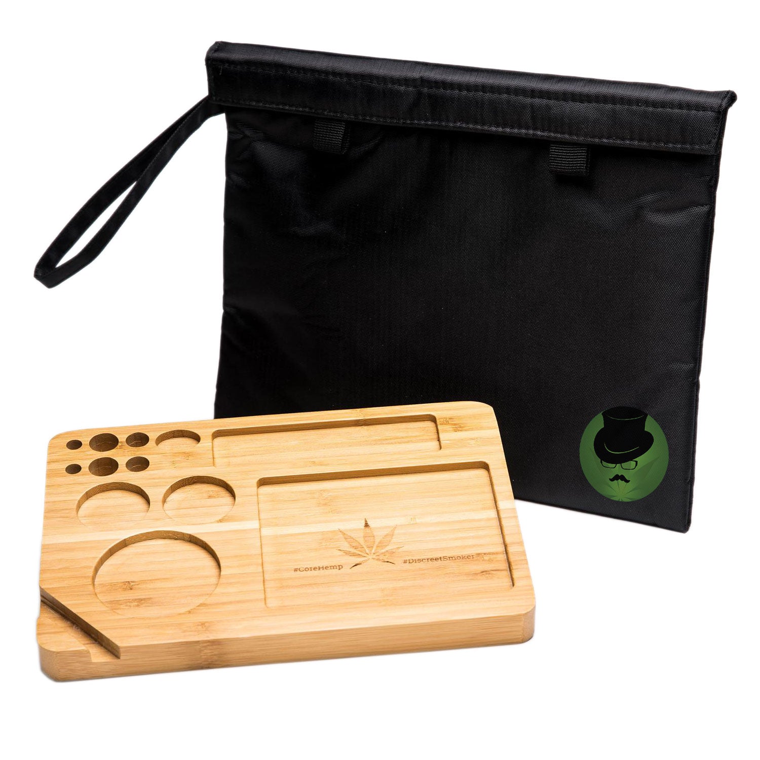 Bamboo Rolling Tray with Smell Proof Velcro Bag Front View Alternative, bamboo rolling tray, natural bamboo tray, raw bamboo rolling tray, raw rolling tray wood, bamboo tray, inexpensive rolling tray, rolling tray for sale, unique rolling trays, blunt rolling tray, blunt tray, cool rolling tray, small rolling tray, weed rolling tray