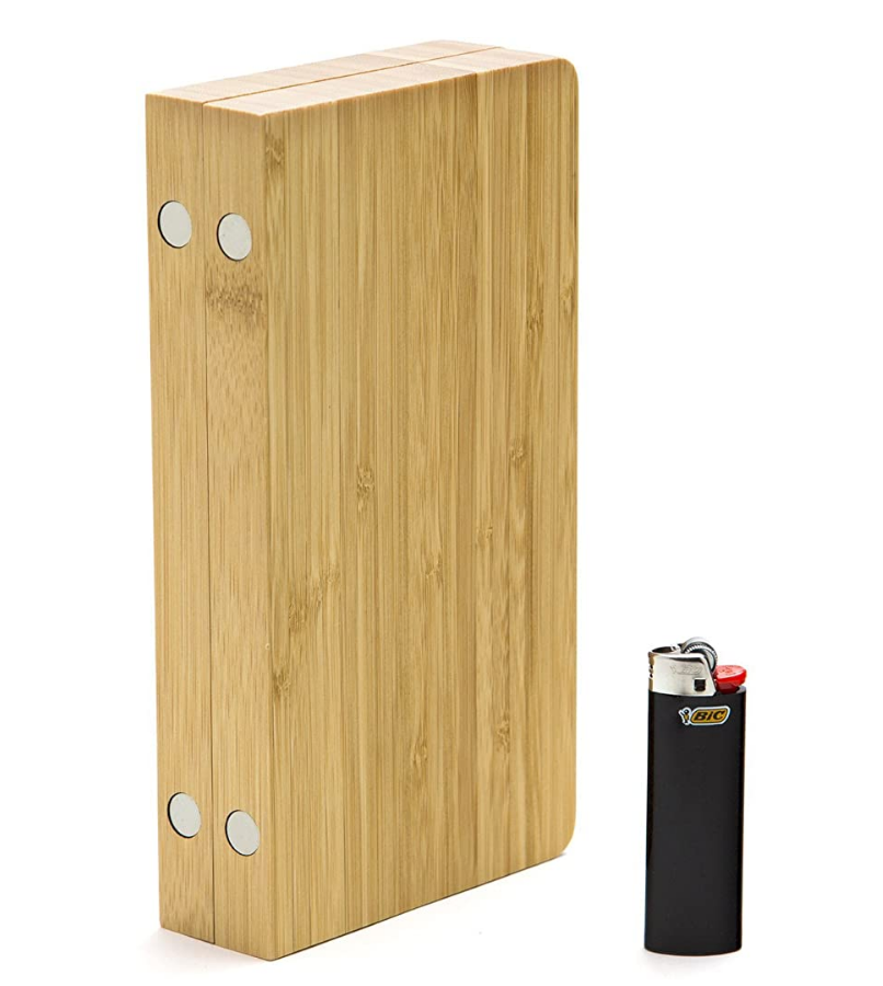 Wood Backflip Magnetic Rolling Tray - Closed View Alternative with Lighter, bamboo rolling tray, natural bamboo tray, raw bamboo rolling tray, raw rolling tray wood, bamboo tray, inexpensive rolling tray, rolling tray for sale, unique rolling trays, blunt rolling tray, blunt tray, cool rolling tray, small rolling tray, weed rolling tray